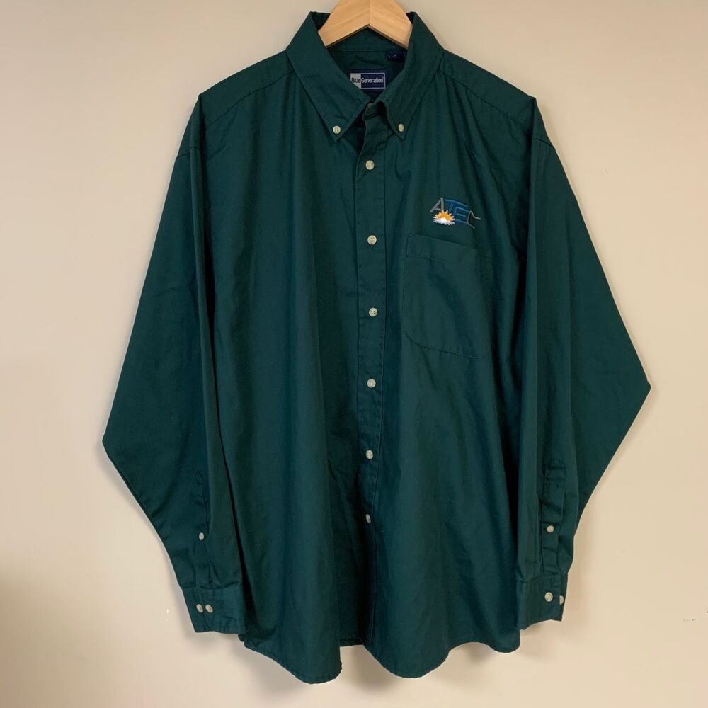 Blue Generation ATEC Embroidered Logo Mens Button-Down Shirt XL Dark Green Cotto